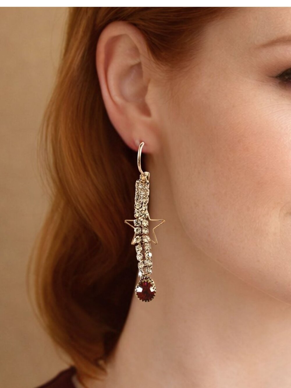 Gold Star Drop Earrings Red Crystal Rhinestone Dangle 2 Inch